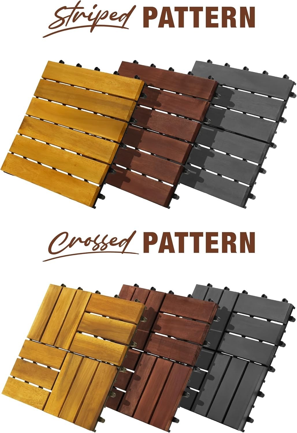 Acacia Wood Interlocking Deck Tiles, 9 Pc, 12″ x 12″ x 0.9″, Dark Brown