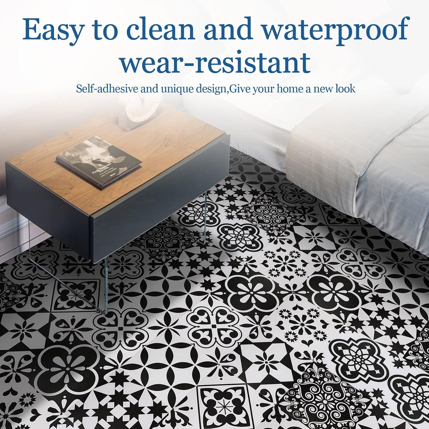 Peel and Stick Floor Tile Black and White, Vinyl Flooring 7.87in X 7.87in,