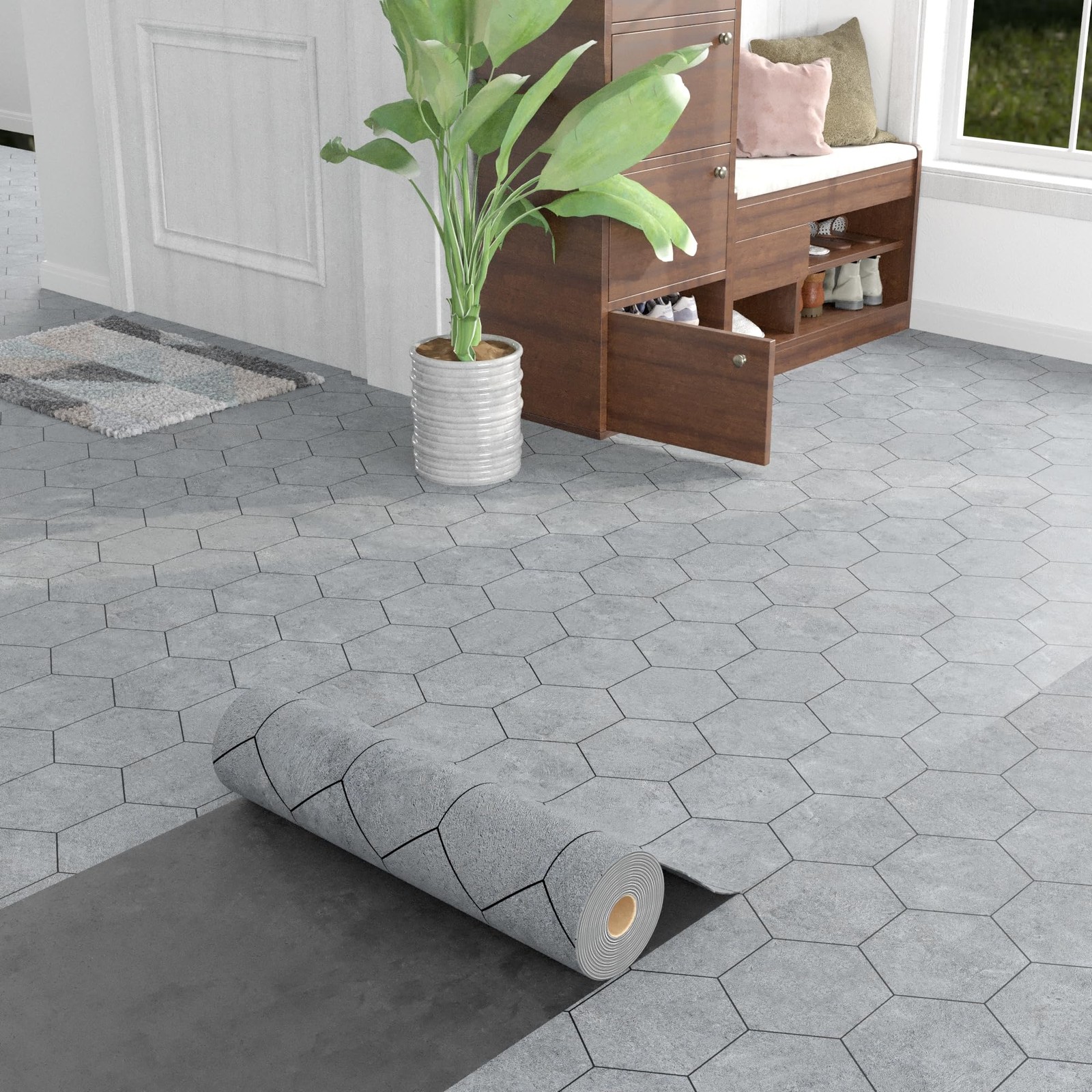 Oxdigi Vinyl Flooring Roll 64 sq.ft 24in x 396in Hexagonal Marble Grey