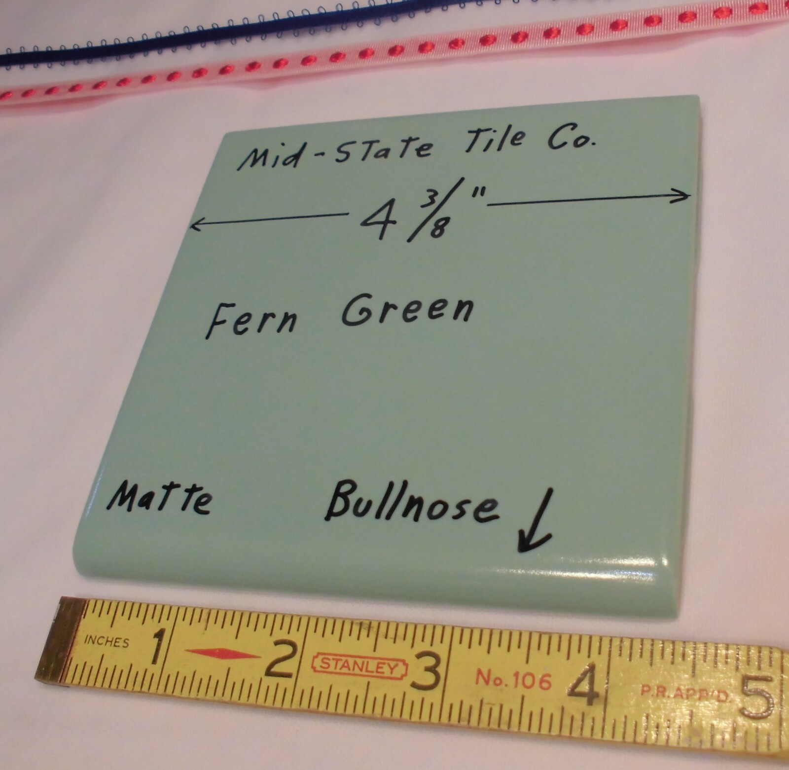 1 pc. Fern Green; Matte Bullnose Ceramic Tile 4-3/8″ by Mid-State Co. NOS