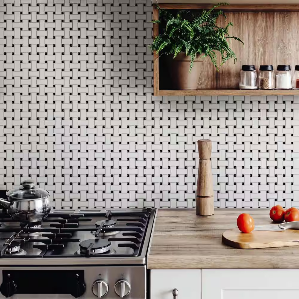 Metro Basketweave White with Black Dot 11-3/4 In. X 11-3/4 In. Porcelain Mosaic