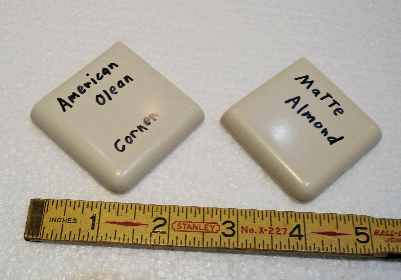 2 pcs. Matte Almond 2″ X 2″ X 5/16″ Ceramic Surface Bullnose Corner Tiles; NEW