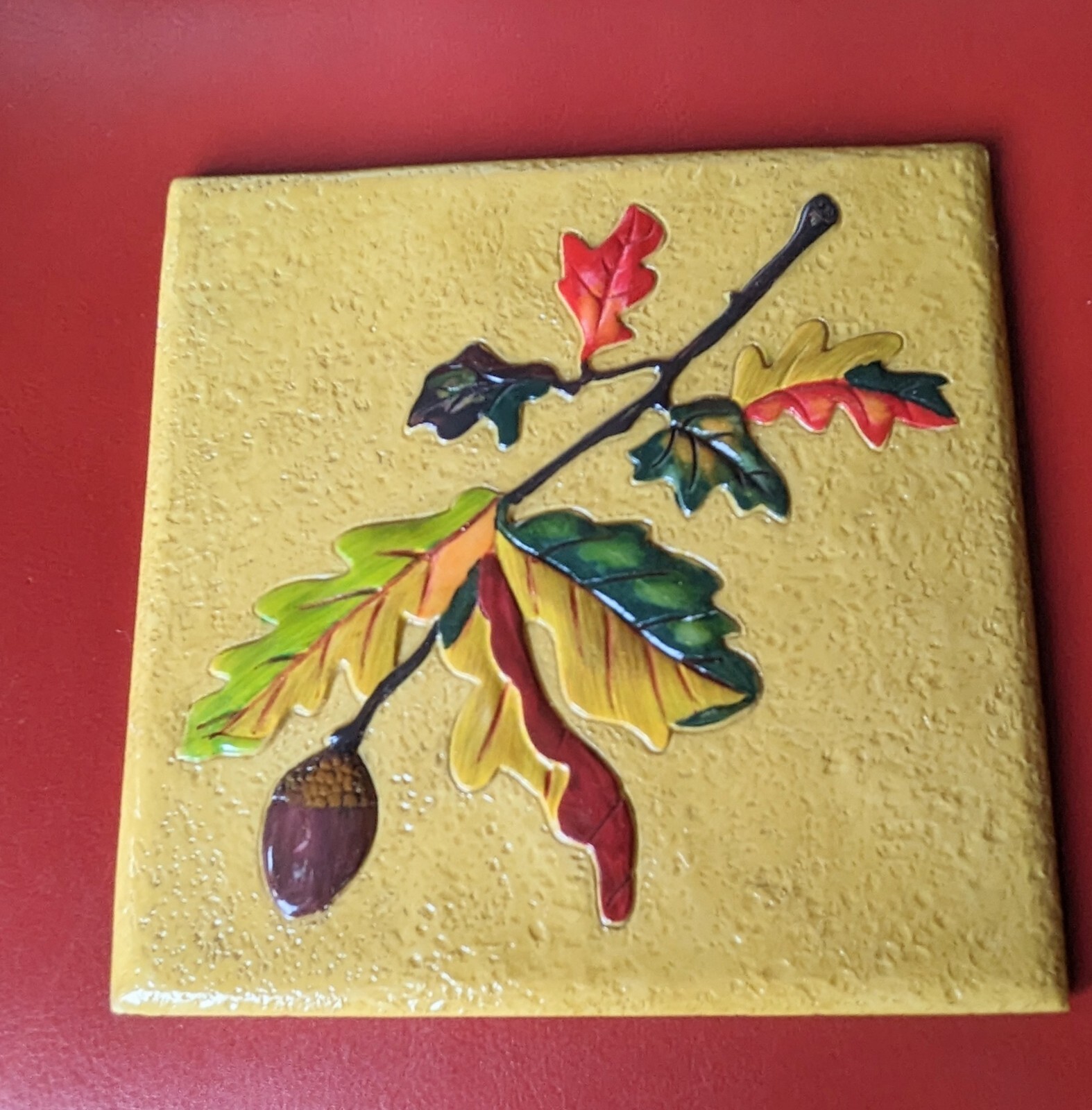 6 ½” Yellow 3D Colorful Fall LEAVES Branch Acorn Art Resin Accent TILE Trivet