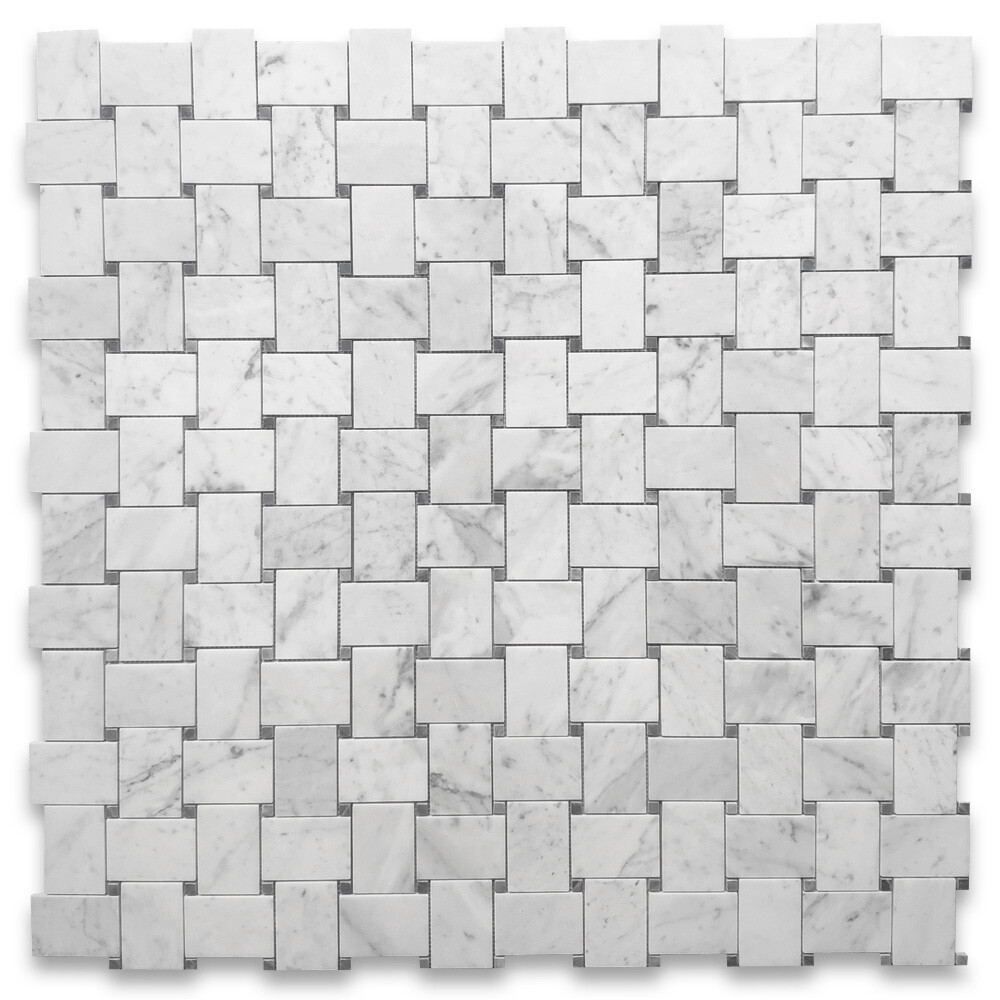 C667XP Carrara White Marble Large Basketweave Tile Bardiglio Gray Dots Polish