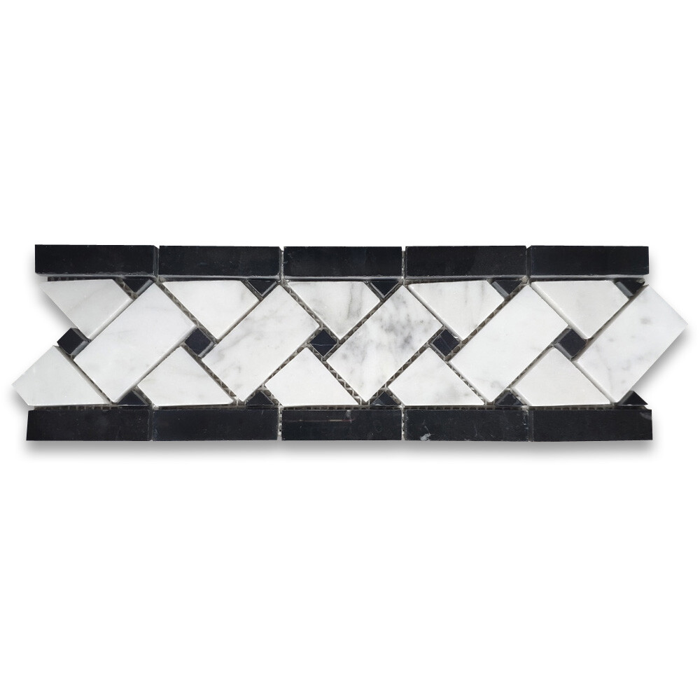 C651BXP Carrara Marble Basketweave Listello Border Black Dots Polished 4×12