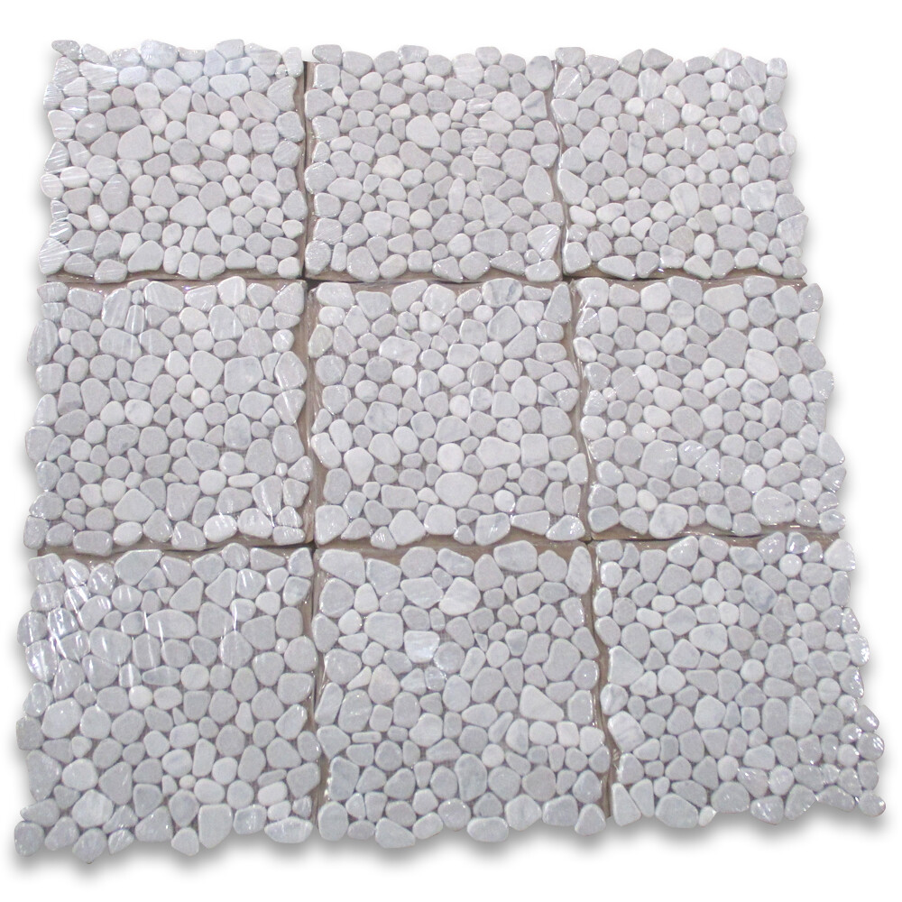 P64T Non Slip Shower Floor Tile Tumbled Carrara Grey Marble Pebble Mosaic
