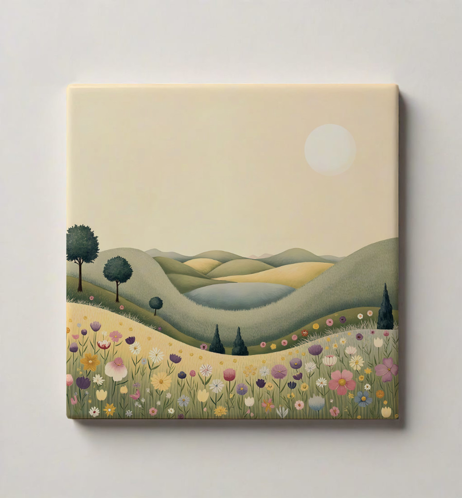 Ceramic Tile 3 sizes Folk Art style Landscape 5 Printed in US
