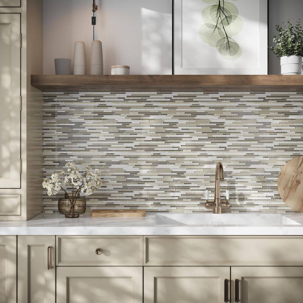 Waterfall Beige and White 11.8 In. X 11.8 In. Linear Glass Mosaic Floor and Wall