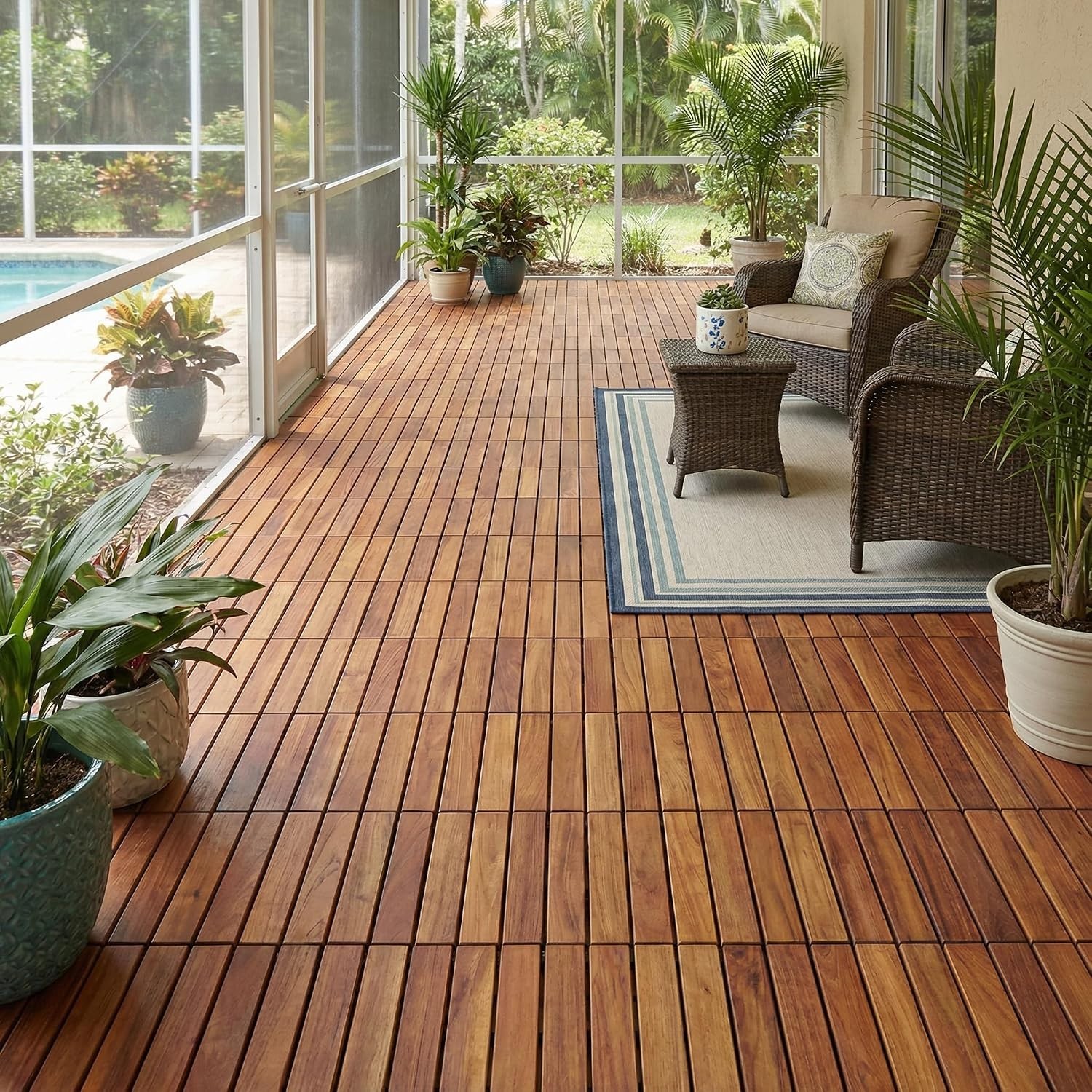 EZ-Floor Interlocking Flooring Tiles in Solid Teak Wood Oiled Finish Set of 1…