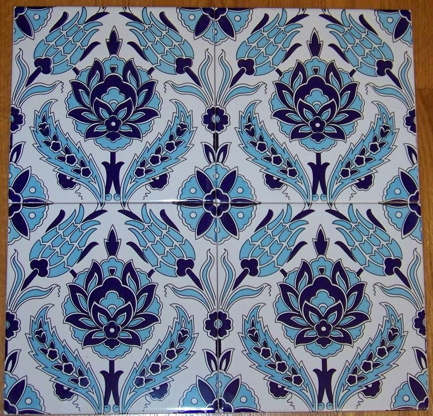 4 8″X8″ (40cm x 40cm) Turkish Iznik Blue Tulip & Floral Pattern Ceramic Tile