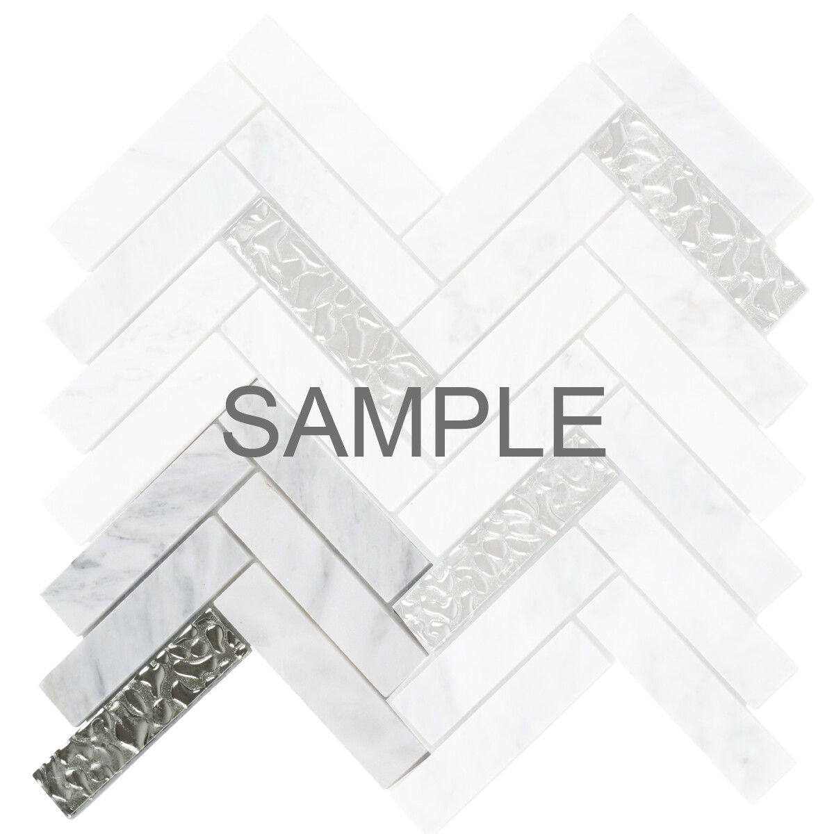 White Carrara Marble Stone Silver Glass Mosaic Tile Herringbone Backsplash