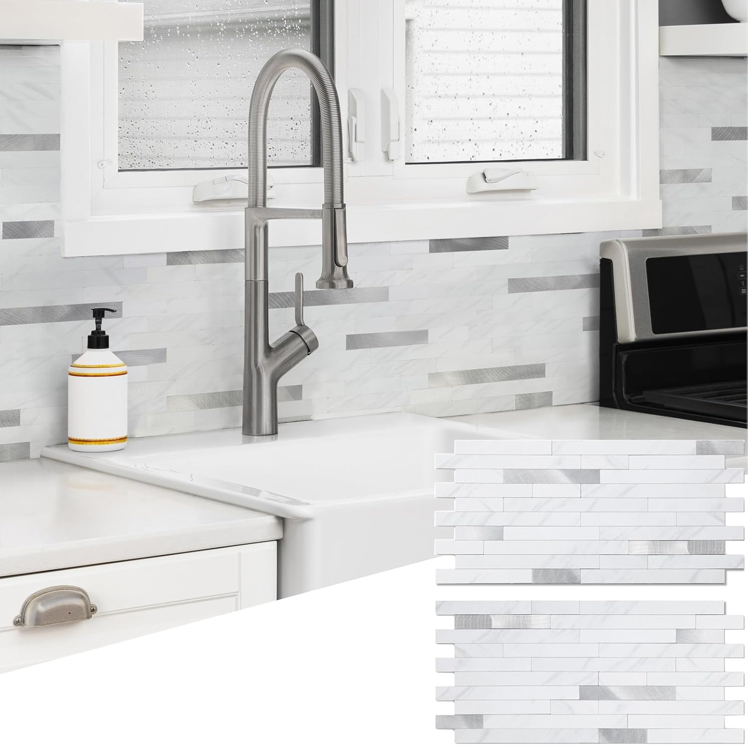Peel and Stick Stone Metal Backsplash Tiles – 40 Sheets Jazz White 6″x12