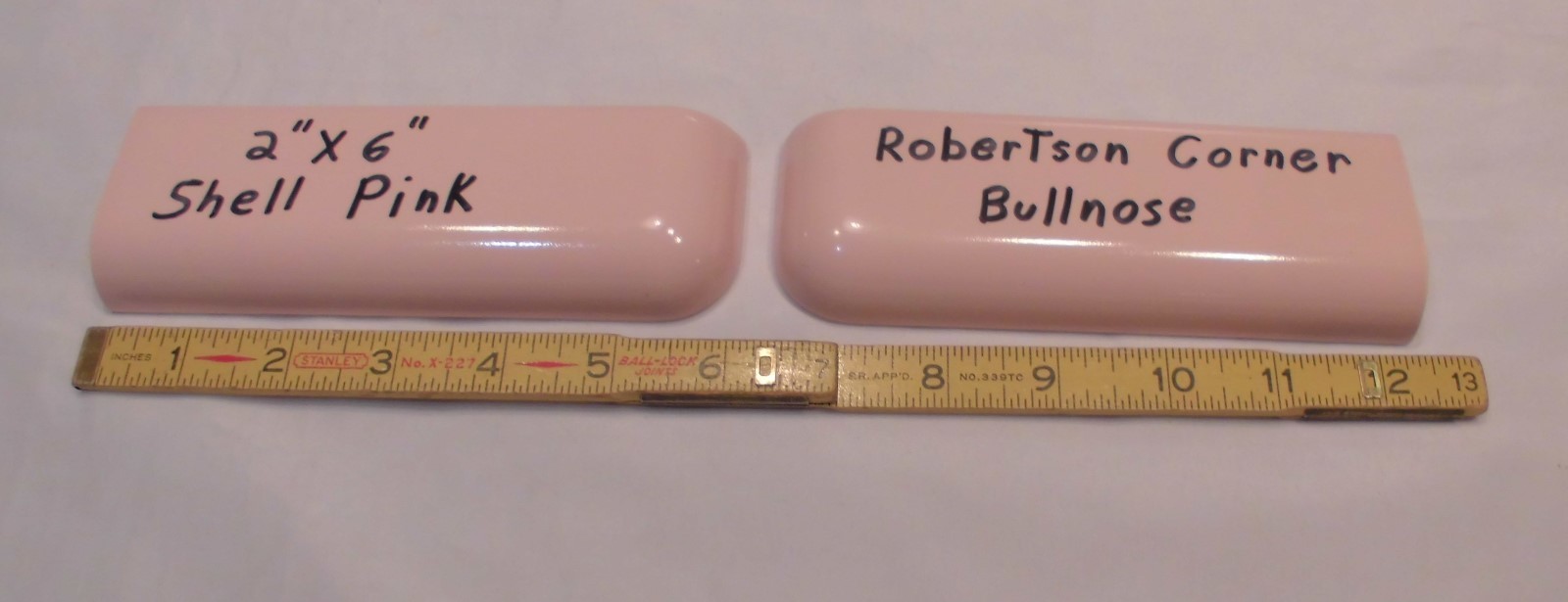2 pcs. *Shell Pink* 2″ X 6″ Ceramic Radius Bullnose Corner Tiles by Robertson