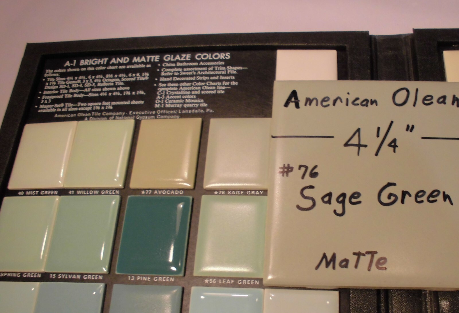 5 Ceramic Tiles *Sage Gray* by American Olean 4-1/4″ Greenest, Matte, NOS