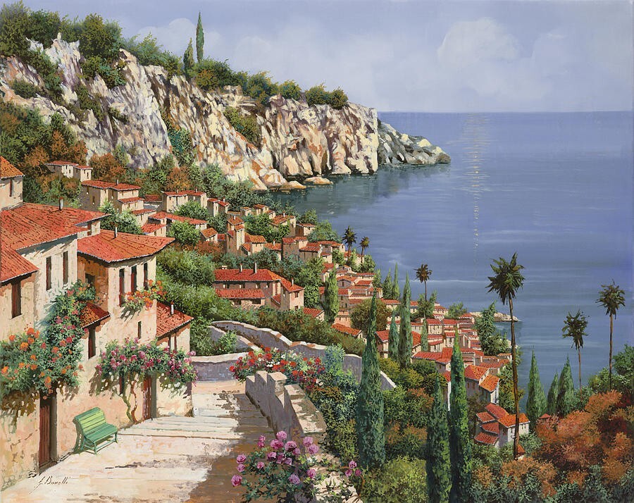 ceramic tile mural backsplash Italy coastal beach village Mediterranean seascape