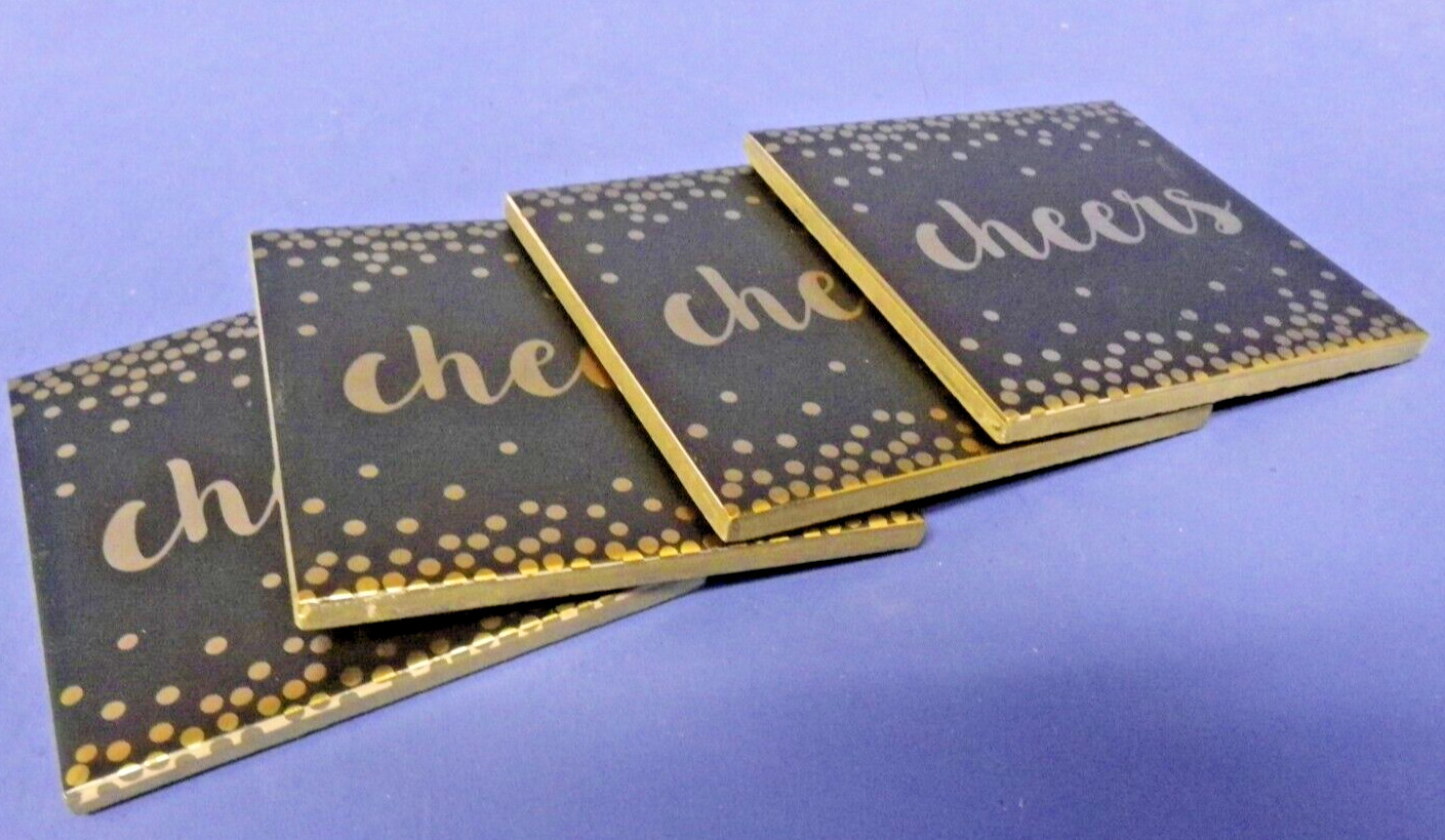 4 Harman Ceramic Drink Coasters Cork Back Black & Metallic Gold “Cheers” New