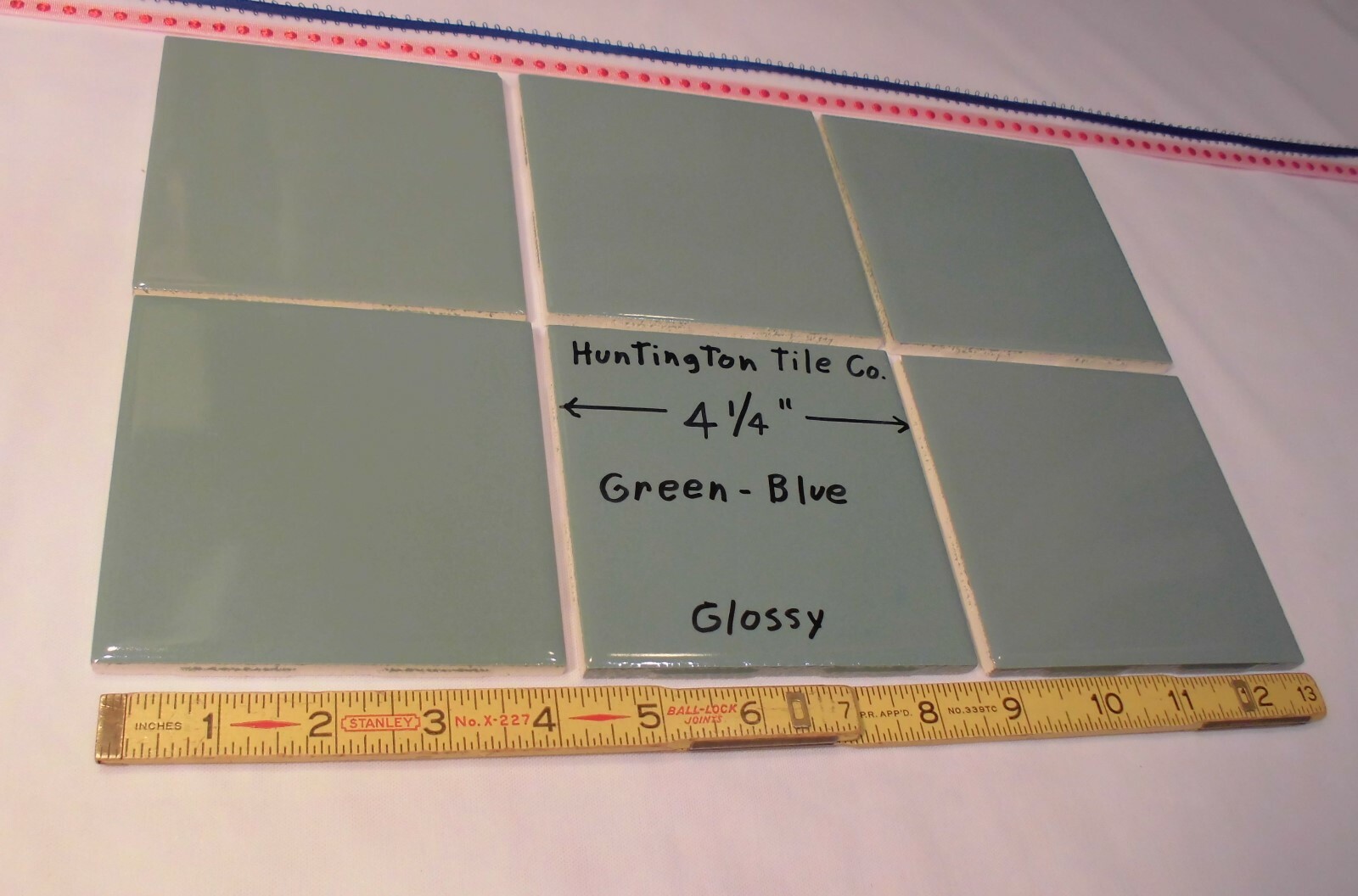 6 pcs. Glossy Ceramic Tiles *Green-Blue* 4-1/4″ Made USA by Huntington Co. NEW