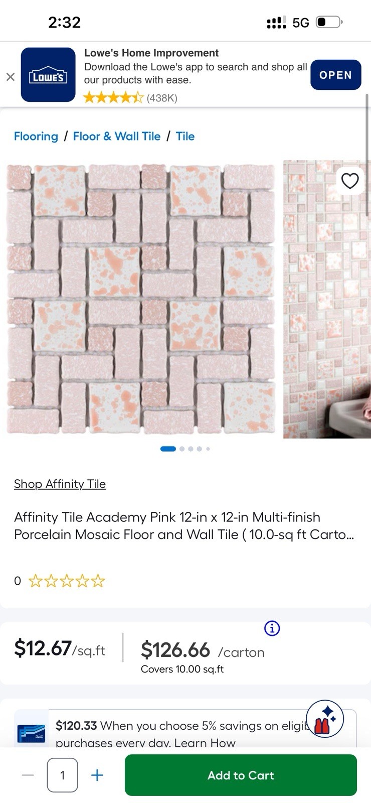 NEW Academy Pink Porcelain Mosaic Tiles 10 Sq Ft * Wall or Floor Tiles