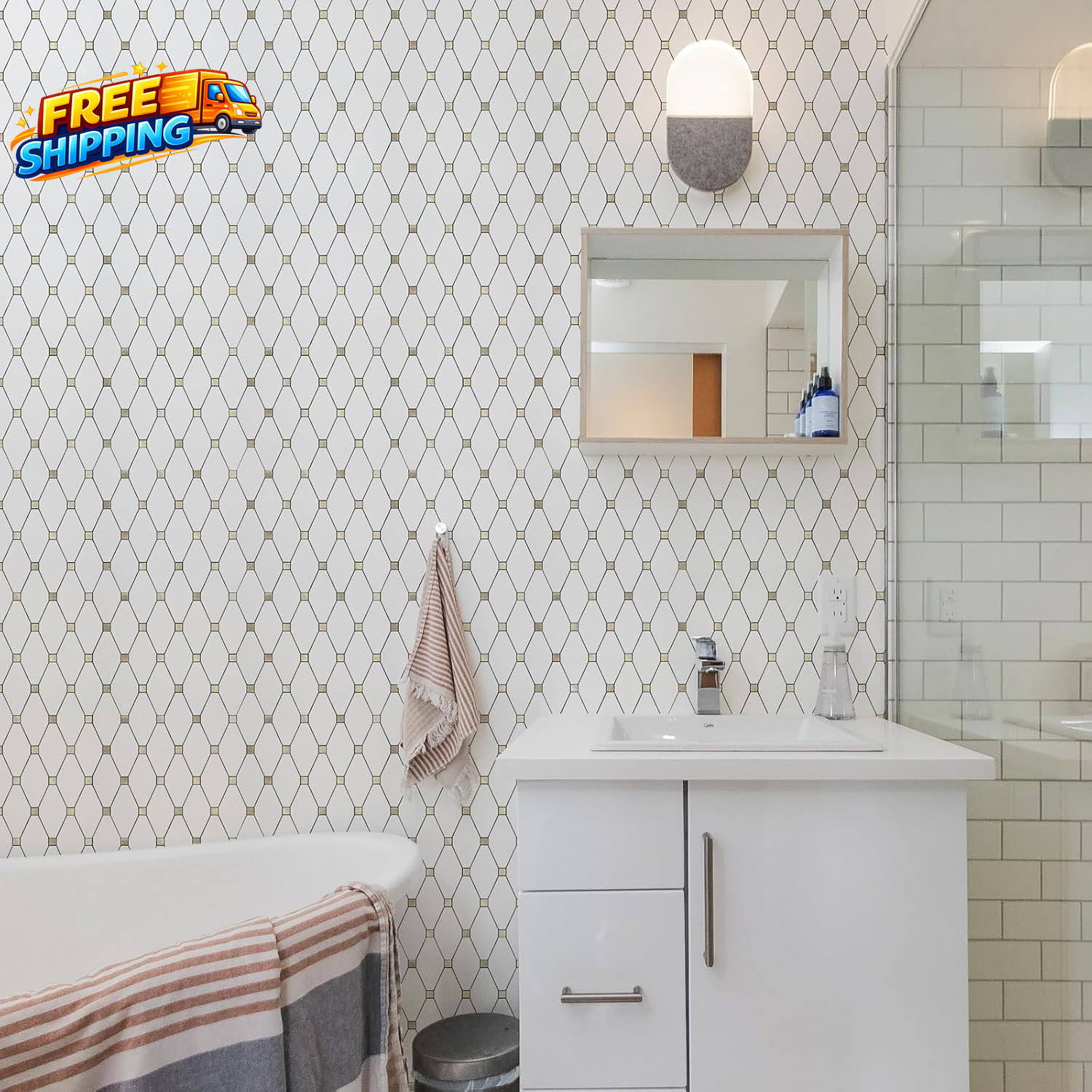 10 Sheets Peel and Stick Backsplash Pure White Marble Look PVC Mixed Metal Gold