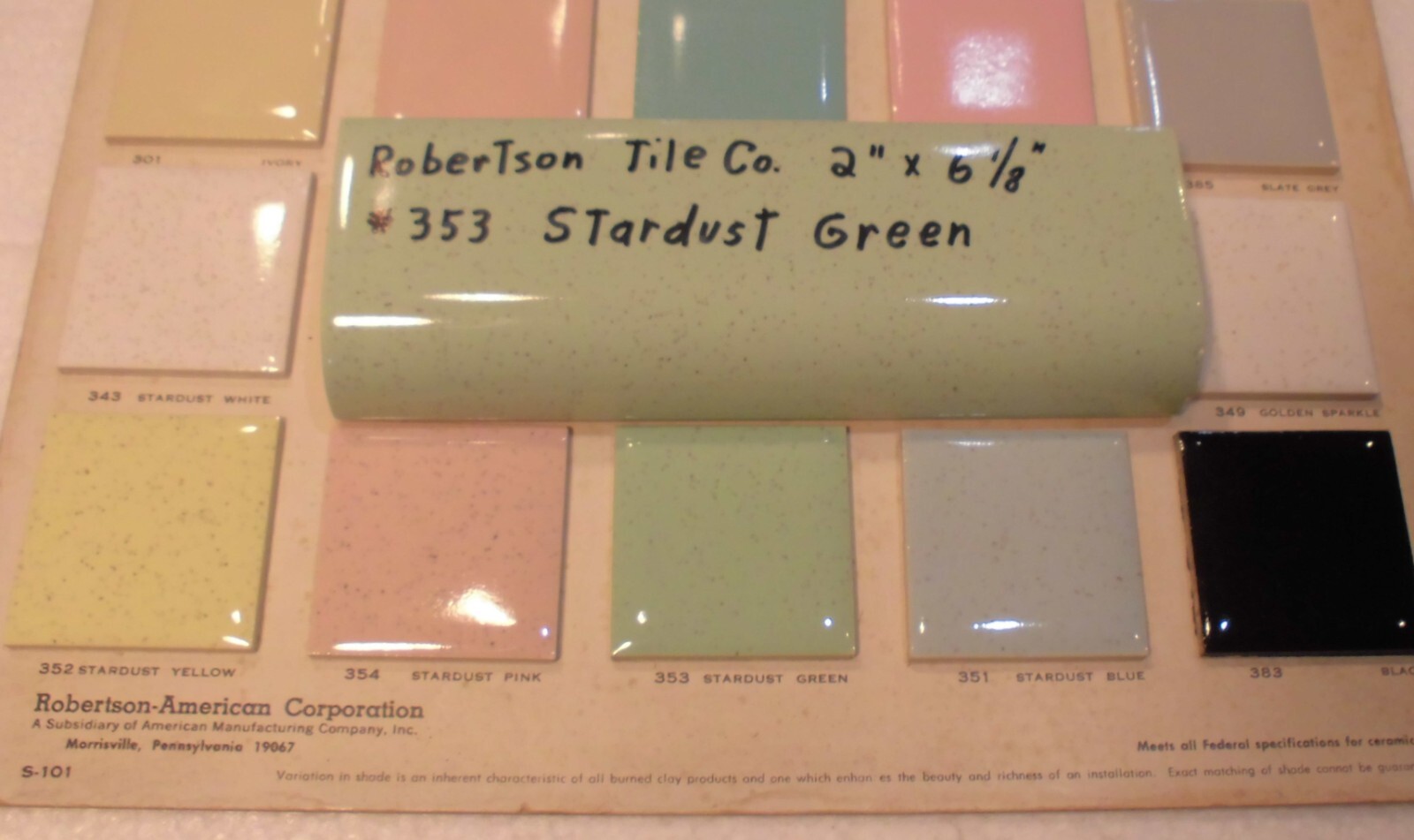 1 pc. Stardust Green: Ceramic Tile; 2″ X 6-1/8″ Radius Bullnose by Robertson Co.