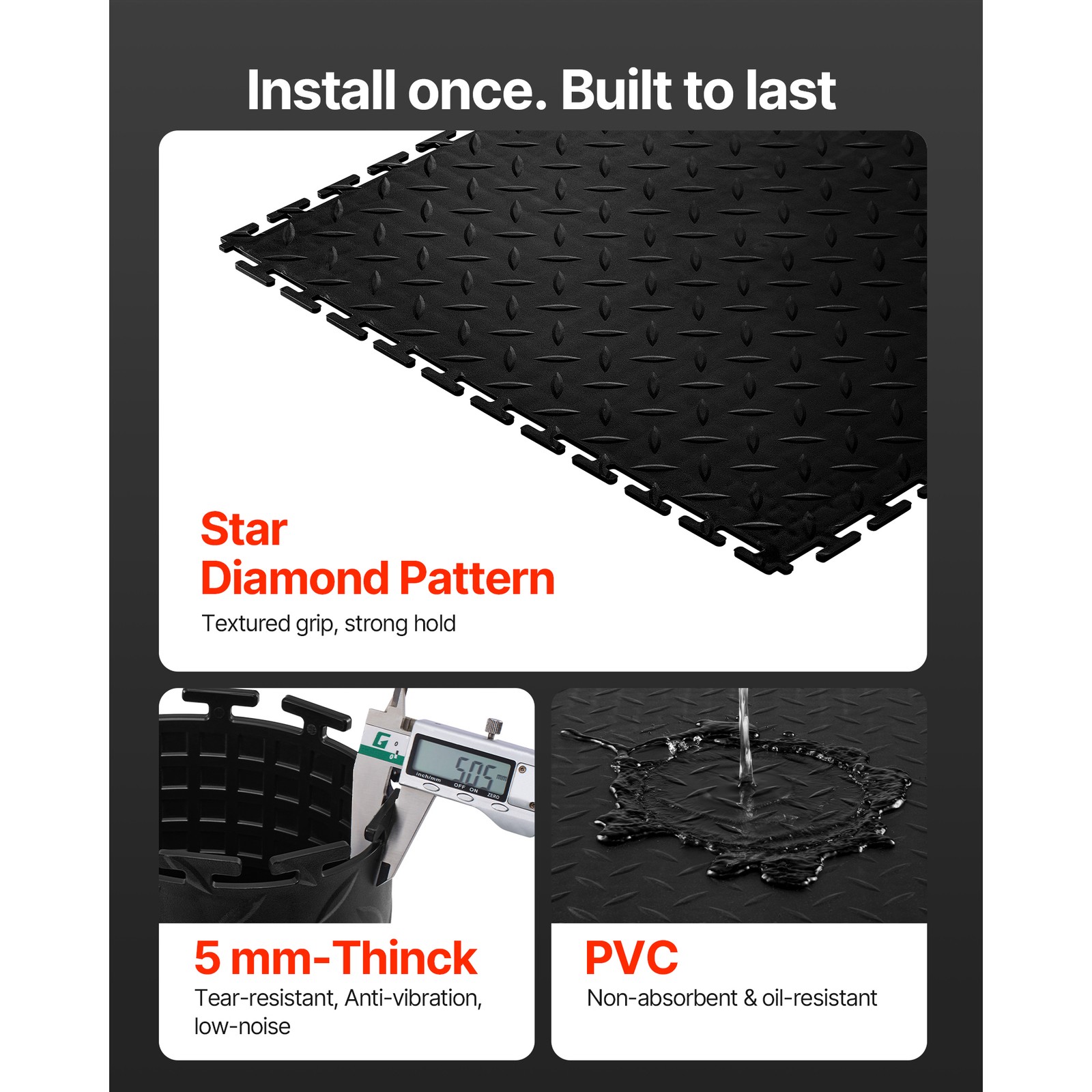 Uimoso Interlocking Garage Floor Tiles, 16 Pack, 20.2×20.2×0.2 in, Black PVC
