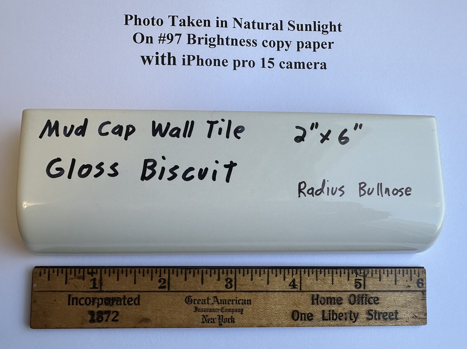 1 pc. Gloss Biscuit: 2″ X 6″ X 3/4″ Ceramic Radius Bullnose Tiles, Mud Caps, New