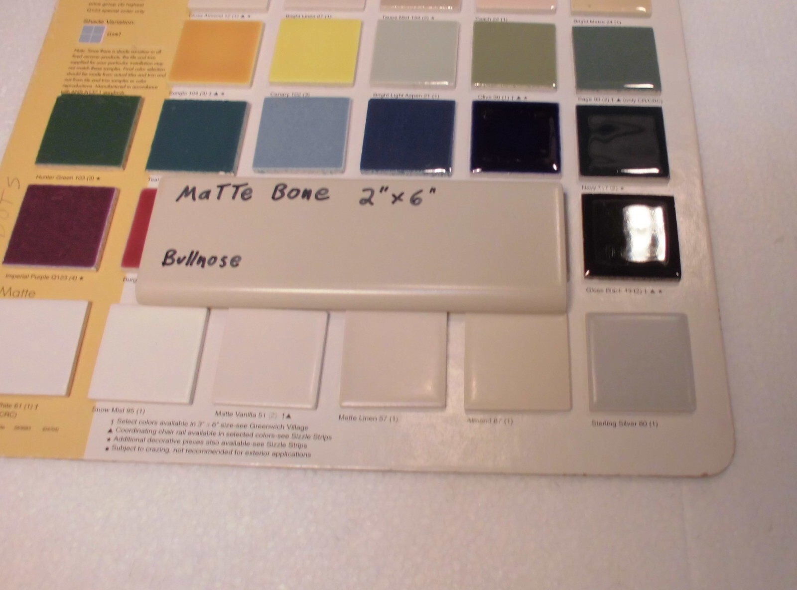 1 pc. Matte Bone – Almond: Ceramic Bullnose Tile 2” X 6” Flat-Surface Type, NEW