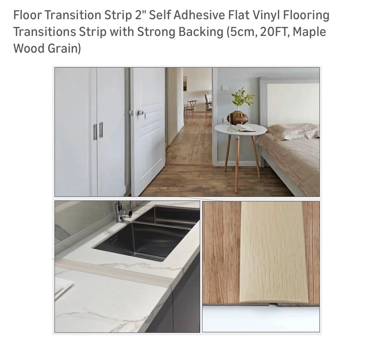 Floor Transition Strip 2” Self Adhesive Flat Vinyl . 5cm, 20Ft. Maple Wood Grain