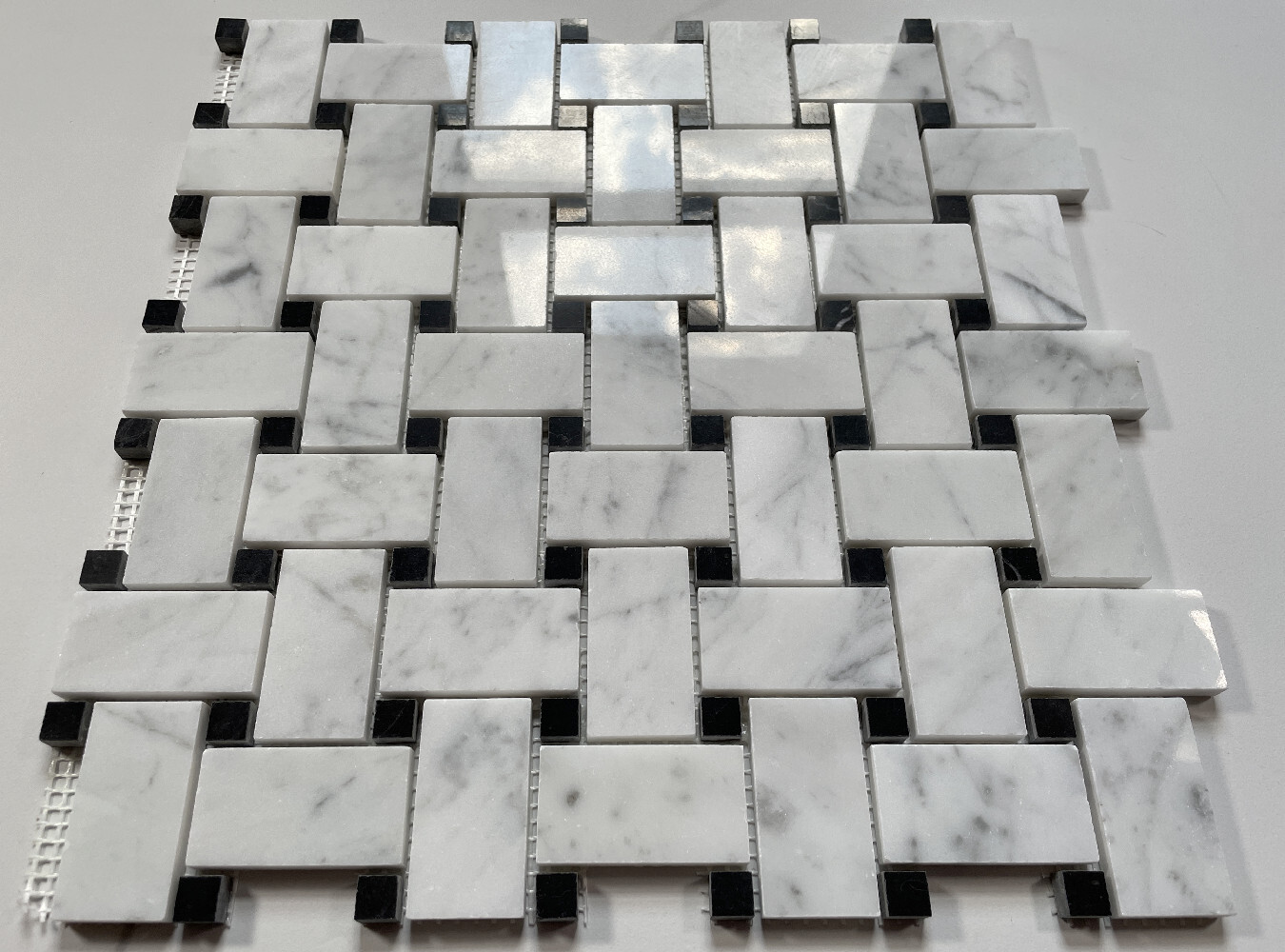 C651XP Carrara Marble Basketweave Mosaic Tile Carrera Black Dots Polished 1×2