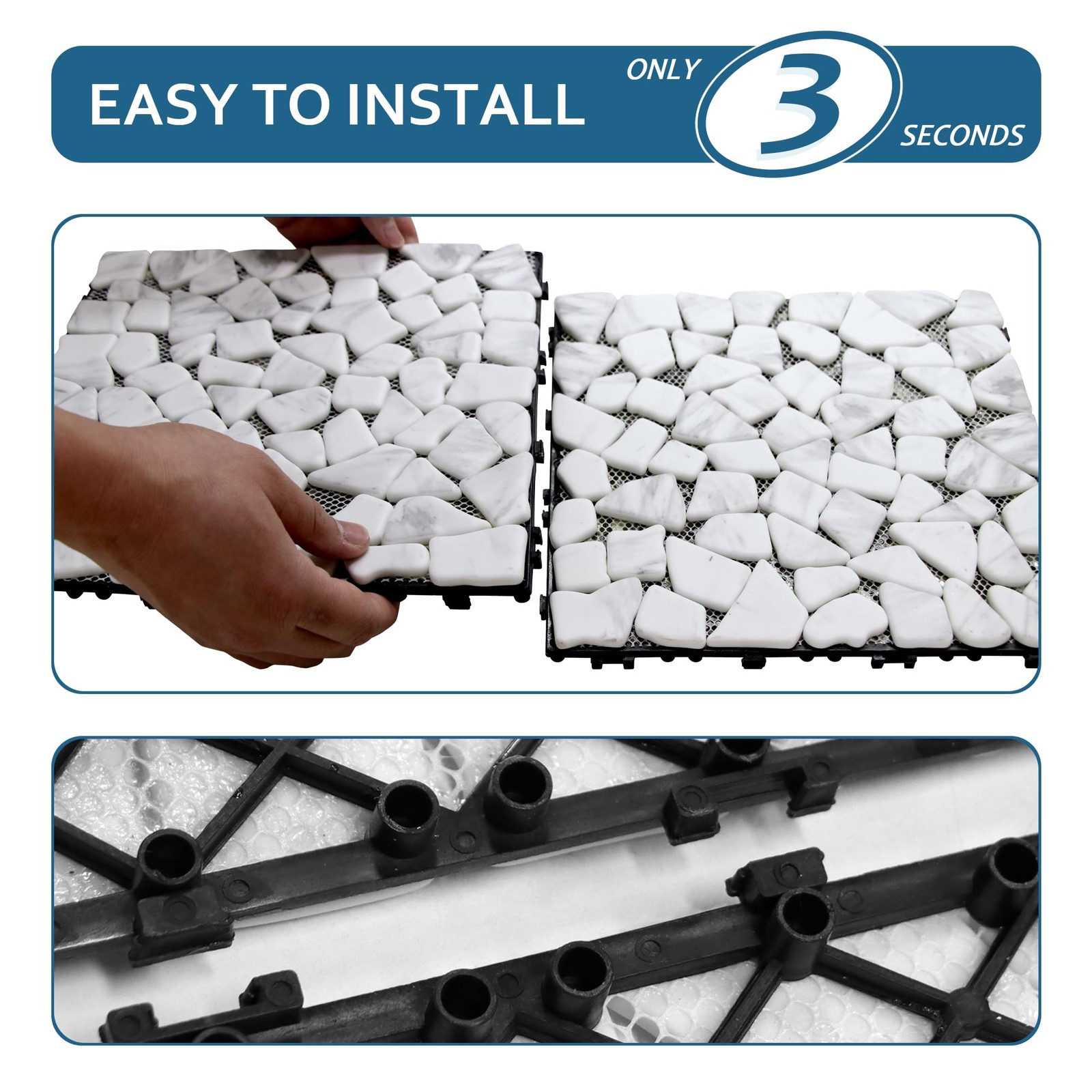 4PCS Natural Pebble Interlocking Deck Tiles, 12″ x 12″ Recycled Glass Marble …