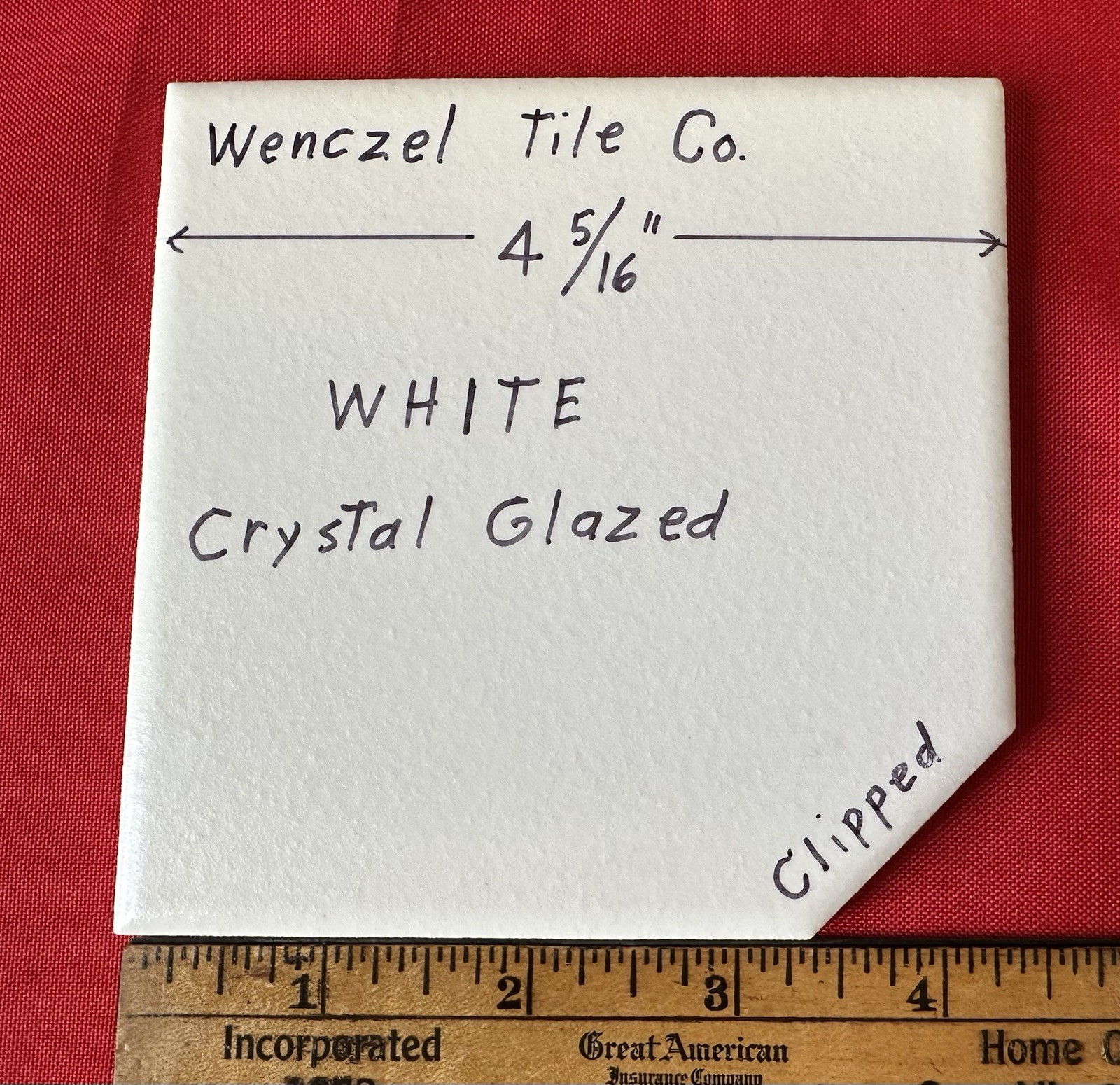 1 pc. White Crystal Glazed: Ceramic Tile by Wenczel Co. 4-5/16, Clipped Corner