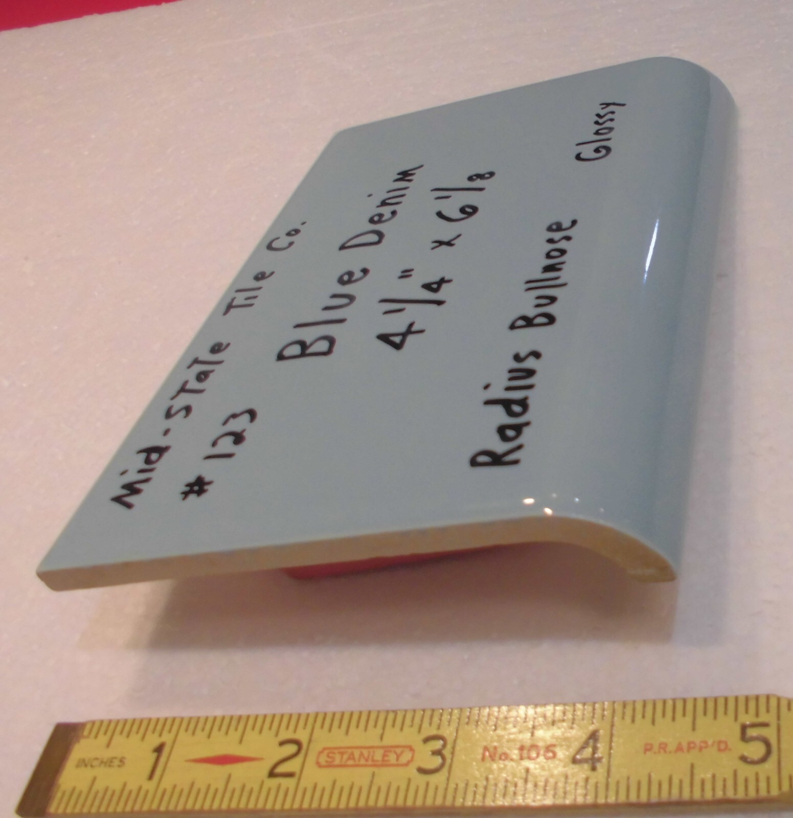 1 pc. *Blue Denim* Glossy Ceramic Bullnose Tile 4-3/8″ X 6-1/8″ by Mid-State Co.