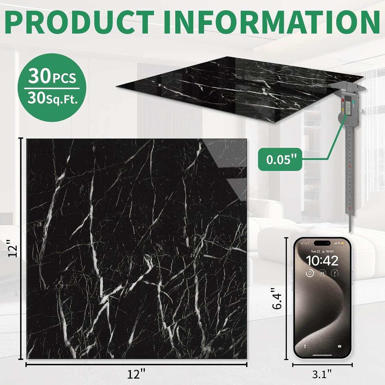 30-Pack Peel and Stick Floor Tiles Vinyl Floor 12 x 12 inch Self Adhesive Waterp