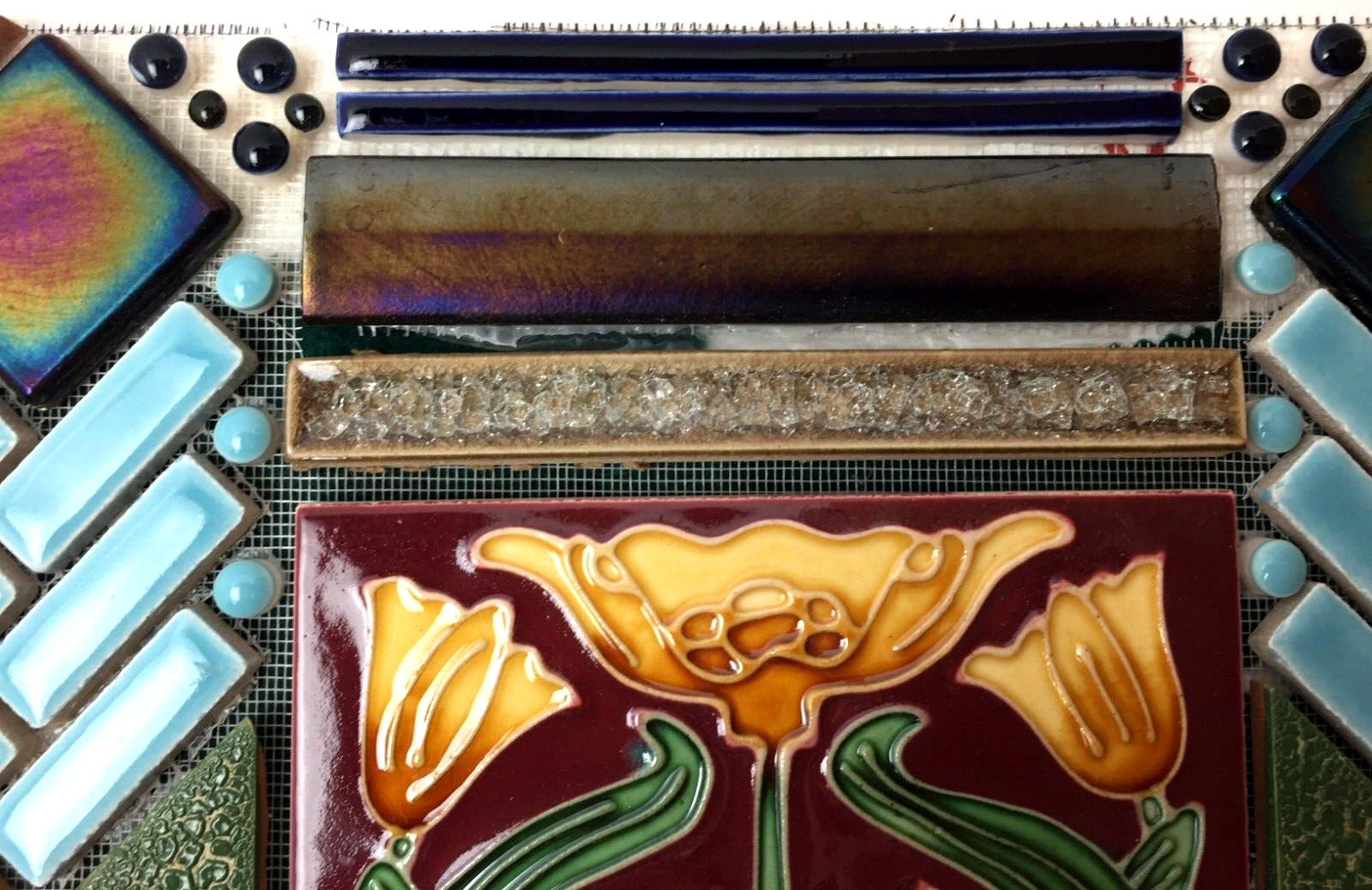 Tile Mosaic Feature Panel w/Vintage Handmade Ceramic and Glass Tile 12″ X 12.75″