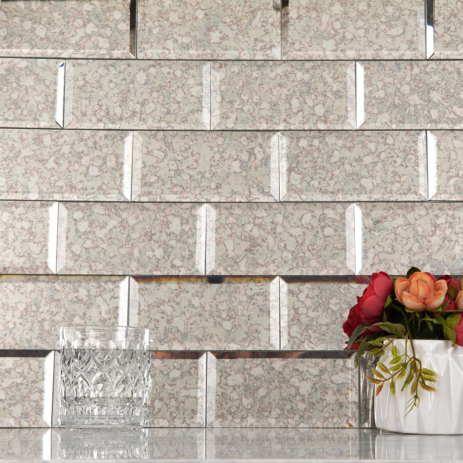 Peel and Stick Antique Beveled Mirror Tile Subway Mirror Glass Backsplash 3×6…