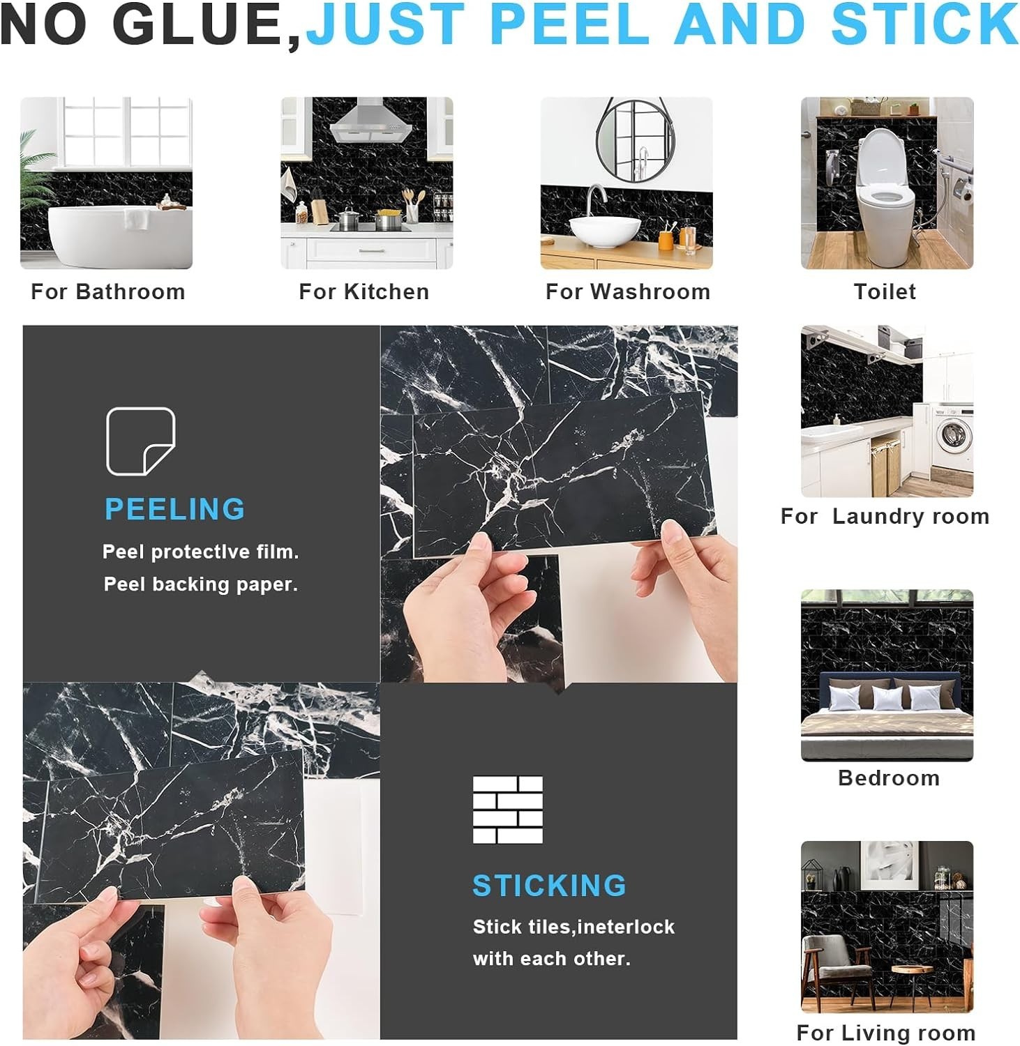 Peel and Stick Backsplash Tiles 32pcs PVC Black Marble 4×8 for Kitchen Bathroom
