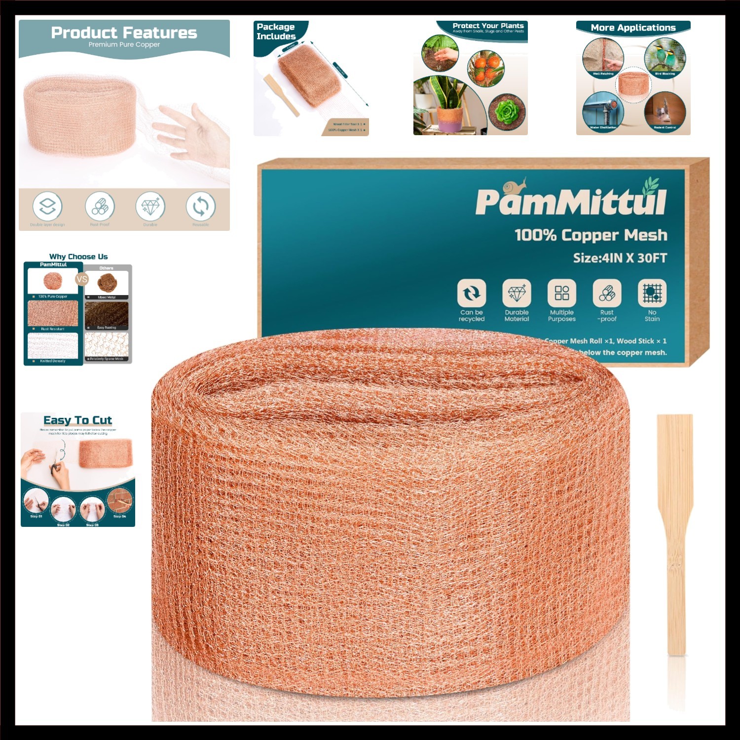 Copper Mesh Rodent Control, 4in x 30ft Rustproof Pure Copper Mesh Roll for Sl…