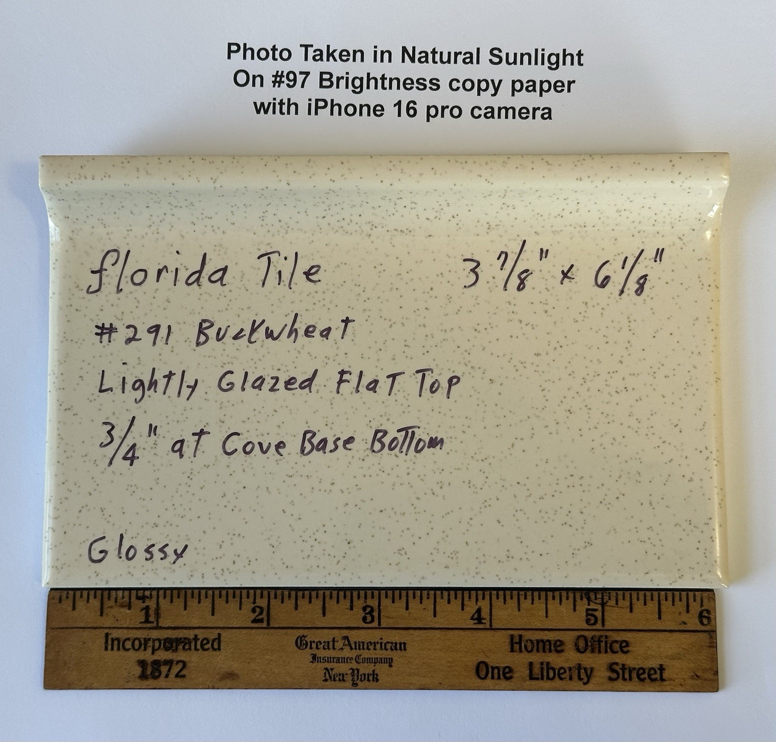 1 pc. Buckwheat 3-7/8 X 6-1/8″ Glossy Ceramic Cove Base Tile, florida, Flat Top