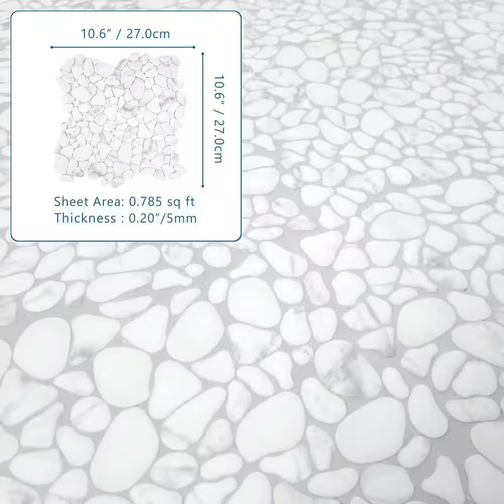 White Calacatta Pebble 10.6 In. X 10.6 In. Recycled Glass Marble Looks Floor and