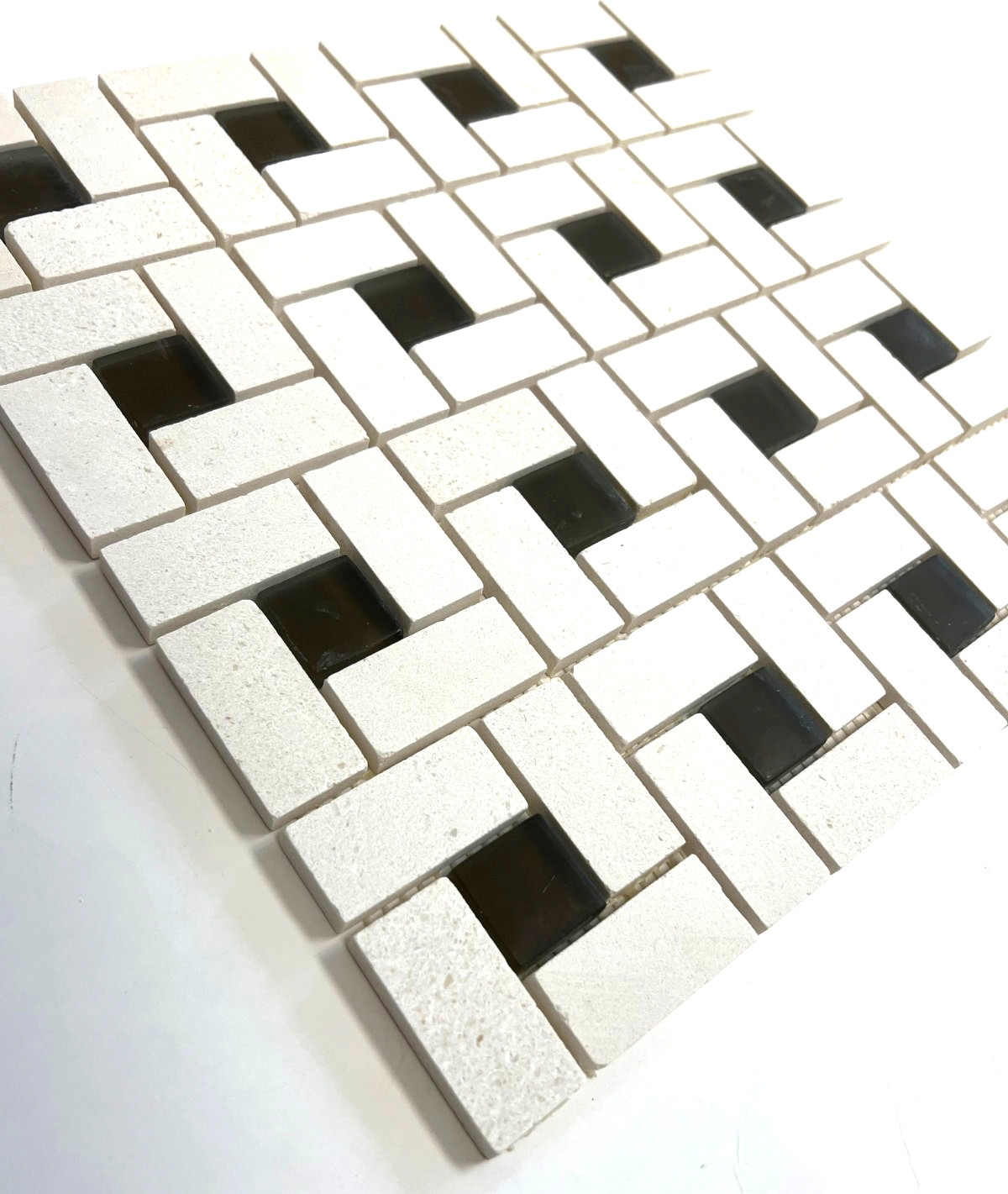 1X2 Pinwheel Vanilla Limestone with Chocolate frosted glass Mosaic Wall Tile