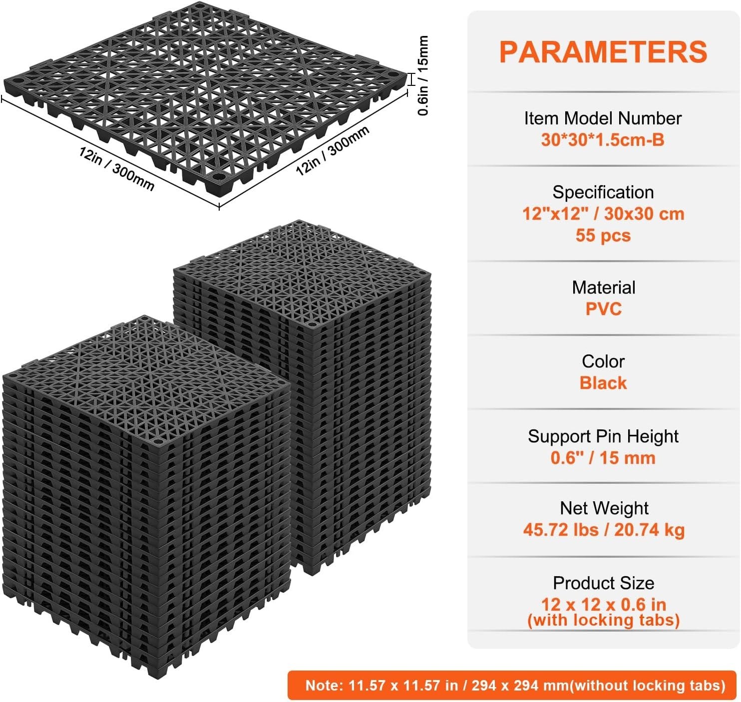 Interlocking Tile 55PCS Black, Drainage Tiles 12″ x 12″ Splicing, Soft PVC In…