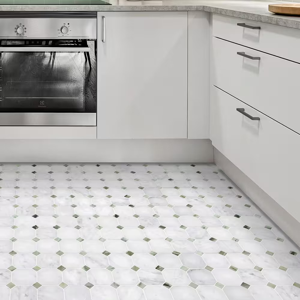 Octagon Carrara White and Green 11.5 In. X 11.5 In. Honed Natural Marble Floor a