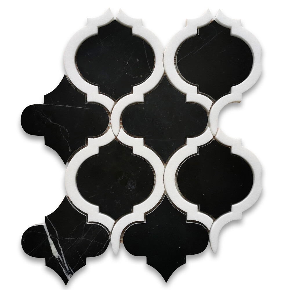 N89AXP Nero Marquina Black Marble Waterjet Arabesque Lantern Tile Polished
