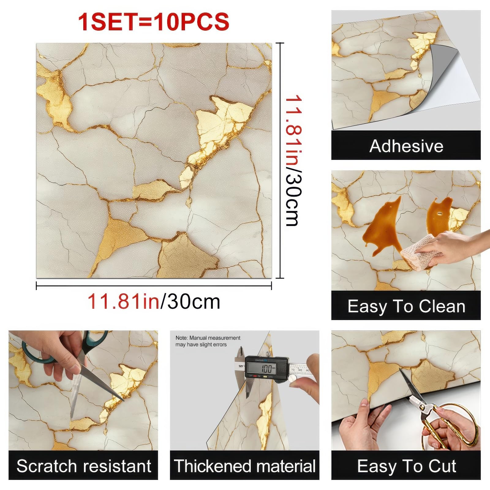 10PCS 12×12 Inch White Gold Marble Crack Look Peel and Stick Floor Tiles Flat…