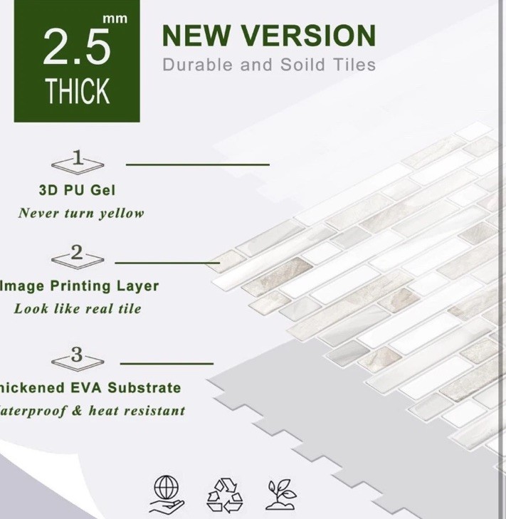 STICKGOO Thicker Design Peel & Stick Tile Backsplash 12”x12” 10 Count Beige/Whit