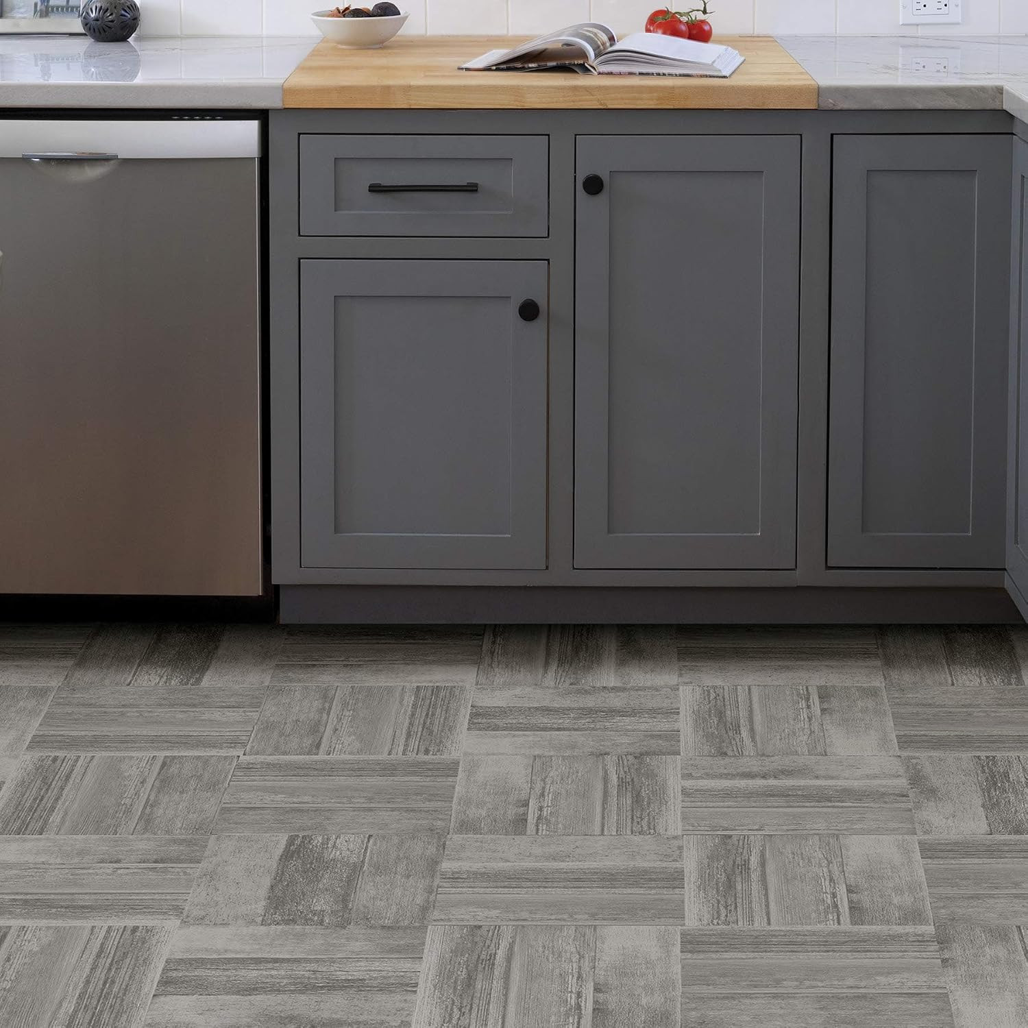 Floorpops Vanleer Peel and Stick Floor Tiles, Grey, Wood-Look Vinyl Floor Tiles,