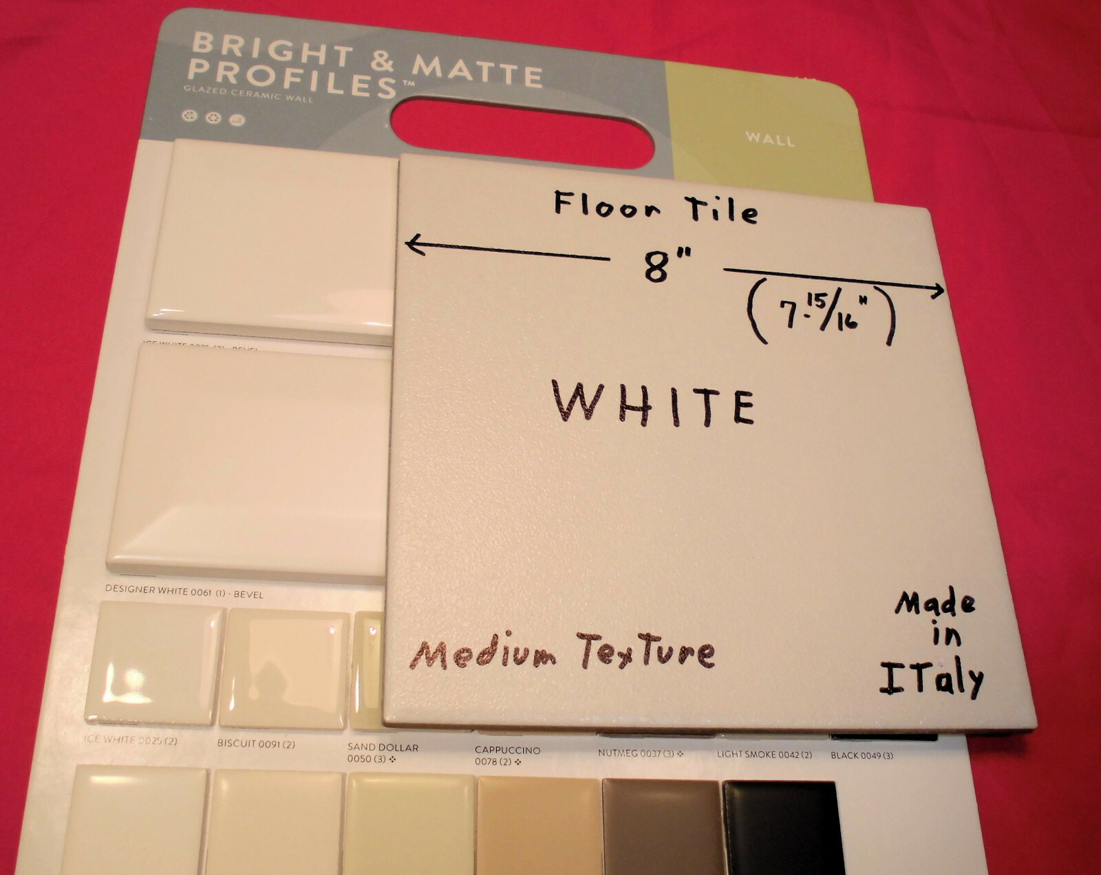 1 pc. White Ceramic Floor Tile: 8″ X 8″ Medium Textured, made in Italy, New