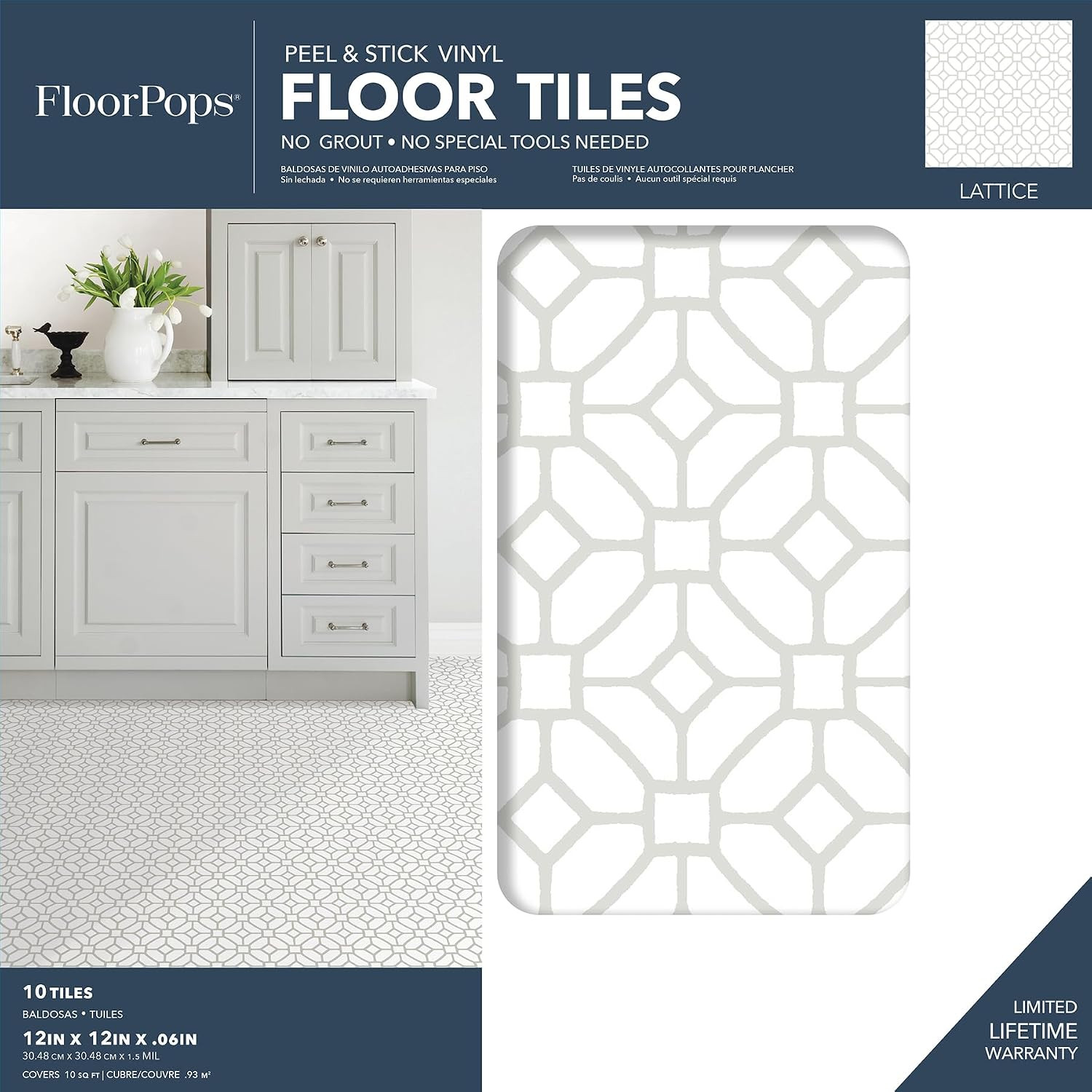 Lattice Peel and Stick Floor Tiles, White and Off-White, Geometric