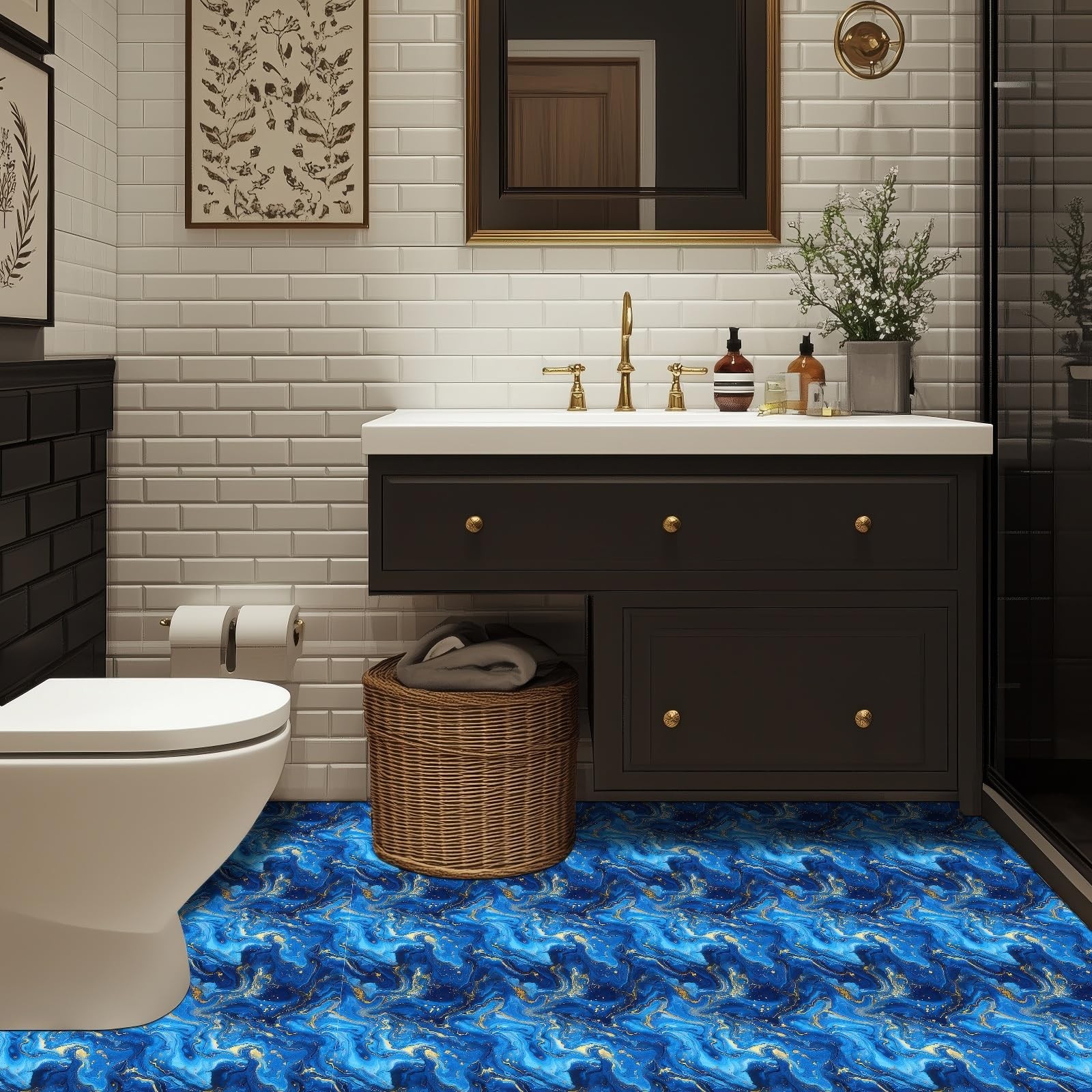 10PCS 12×12 Inch Blue Gold Marble Look Peel and Stick Floor Tiles PVC Flat Se…