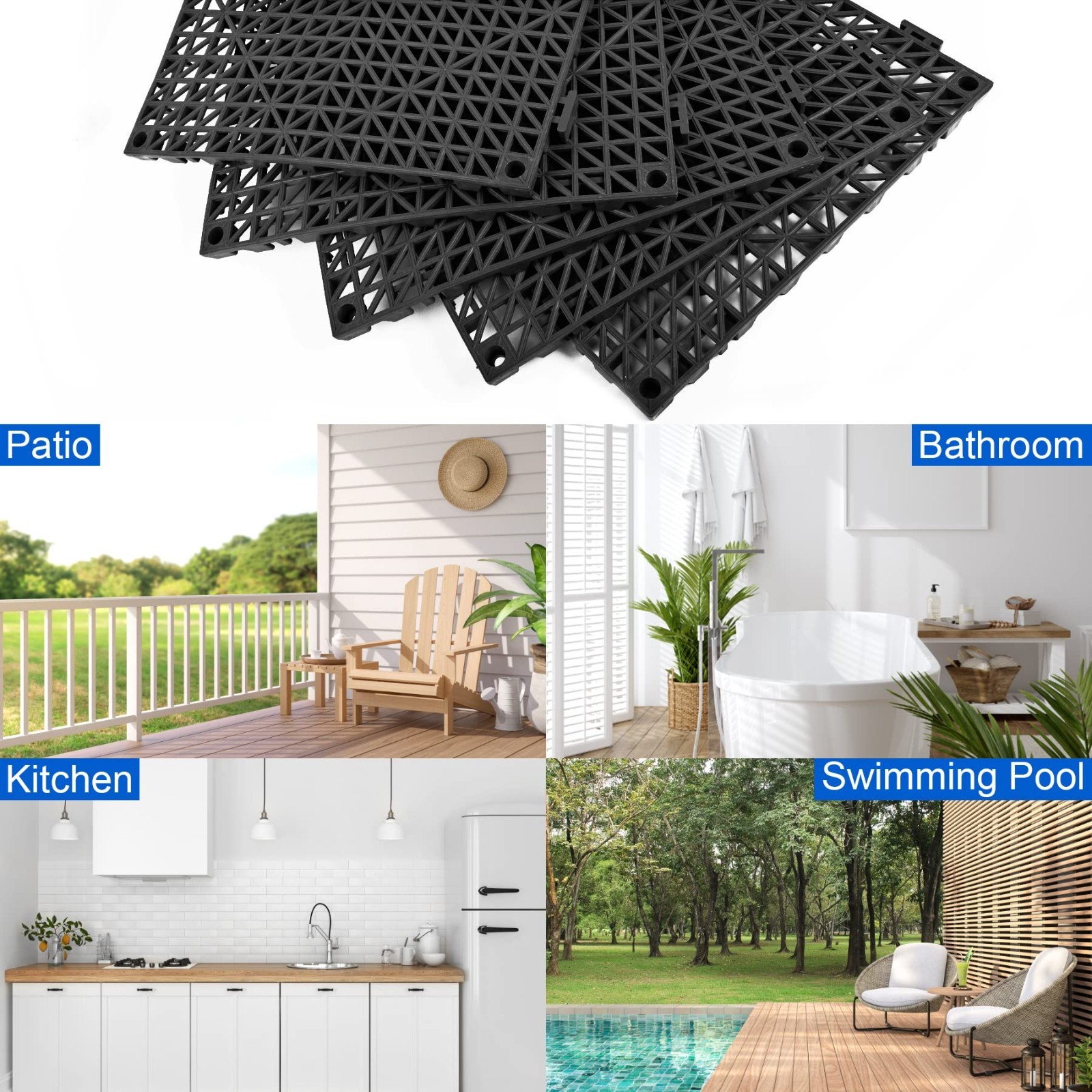 12 Pack Non-Slip Modular Rubber Floor Tiles 11.8″ for Deck, Pool, Patio, Indoor
